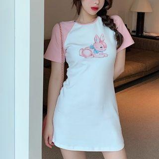Short-sleeve Rabbit Print Mini Dress