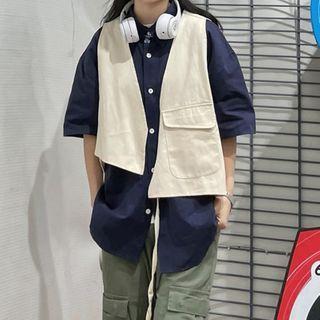 Short-sleeve Mock Two Piece Drawstring Cargo Shirt