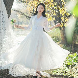 3/4-sleeve Sheer Pleated Maxi Dress