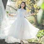 3/4-sleeve Sheer Pleated Maxi Dress