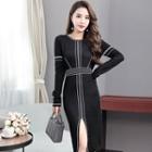 Long Sleeve Slit-front Striped Knit Sheath Dress