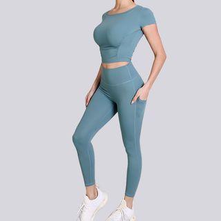 Set: Short-sleeve Sports Top + Pocket Detail Yoga Pants