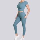 Set: Short-sleeve Sports Top + Pocket Detail Yoga Pants
