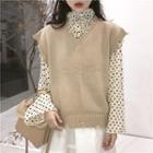 Heart Print Long-sleeve Loose-fit Blouse / Plain Knit Vest