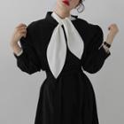 Ribbon Plain Shirt / Long-sleeve A-line Midi Dress