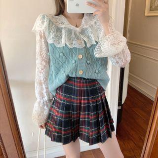 Long-sleeve Collar Lace Blouse / Cable Knit Vest / Pleated Plaid Mini Skirt