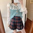 Long-sleeve Collar Lace Blouse / Cable Knit Vest / Pleated Plaid Mini Skirt