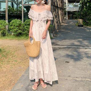 Short-sleeve Ruffled Cold-shoulder Maxi Dress