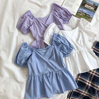 Plain V-neck Ruffled-trim Short-sleeve Top