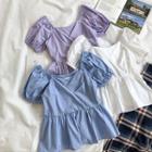 Plain V-neck Ruffled-trim Short-sleeve Top