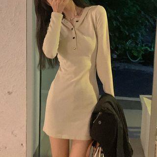 Long-sleeve Hooded Henley Knit Mini Sheath Dress