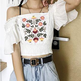Short-sleeve Flower Embroidery Smocked Top