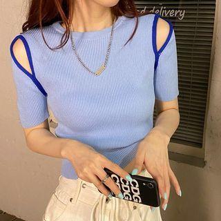 Short-sleeve Perforated Knit Crop Top