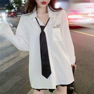 Lettering Long-sleeve Shirt With Necktie / Mini A-line Pleated Skirt