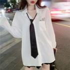 Lettering Long-sleeve Shirt With Necktie / Mini A-line Pleated Skirt