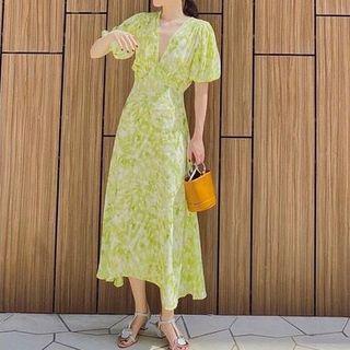 Puff Sleeve Deep-v Neck Tie-dye High Waist A-line Dress