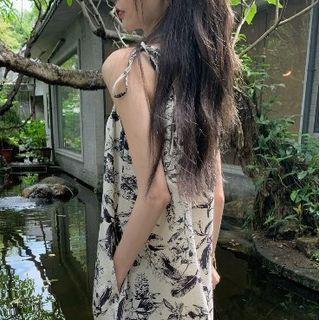 Spaghetti Strap Print Midi Smock Dress White - One Size