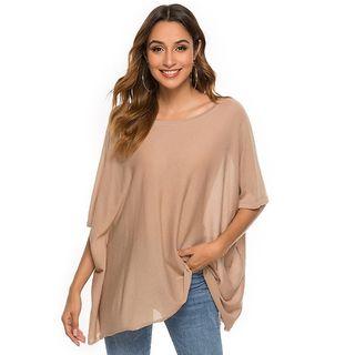 Elbow-sleeve Loose Fit Knit Top Dark Khaki - One Size
