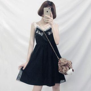 Lettering Embroidered Spaghetti-strap A-line Dress