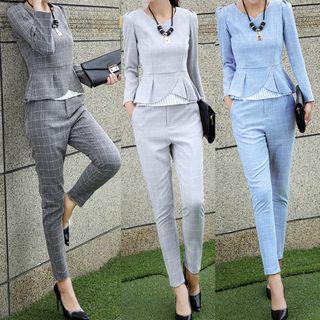 Set: Long-sleeve Peplum Top + Skinny Dress Pants