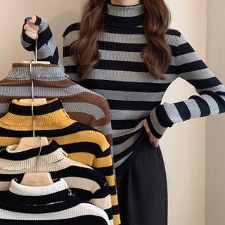 Color Block High-neck Striped Sweater