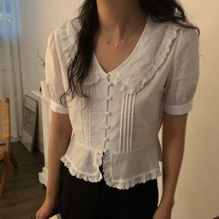 Ruffle Trim Short-sleeve Cropped Blouse White - One Size