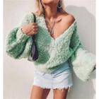 Puff Sleeve V-neck Loose-fit Sweater Green - One Size