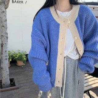 Two-tone Loose-fit Cardigan Blue - One Size