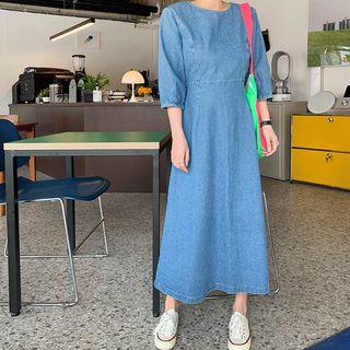 3/4-sleeve A-line Long Denim Dress