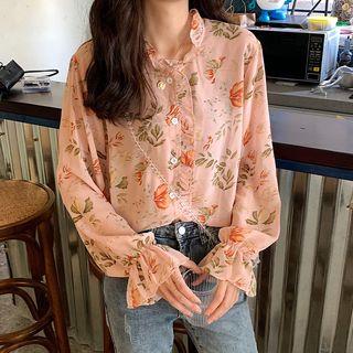Floral Ruffled Long-sleeve Chiffon Shirt Light Pink - One Size