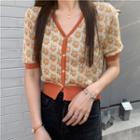 Short-sleeve Floral Knit Top Orange - One Size