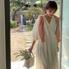 Lantern-sleeve Plain Drawstring Dress As Shown In Figure - One Size