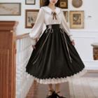 Peter Pan Collar Frill Trim Blouse / High Waist Lace Panel Midi A-line Skirt / Set