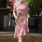 Gingham Ruffle Hem Short-sleeve Qipao