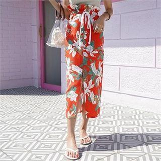 Paperbag-waist Linen Blend Floral Skirt