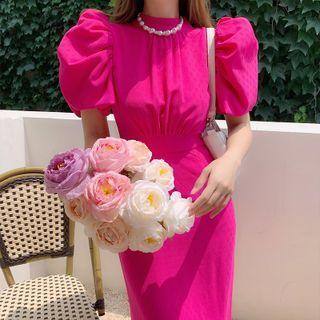 Puff-sleeve Open Back Midi Sheath Dress