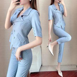Short-sleeve Open-collar Asymmetrical Blouse / Dress Pants / Set