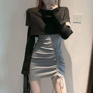 Spaghetti Strap Drawstring Sheath Dress / Long-sleeve Cropped T-shirt