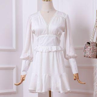 Balloon-sleeve Ruffle Trim Mini A-line Dress