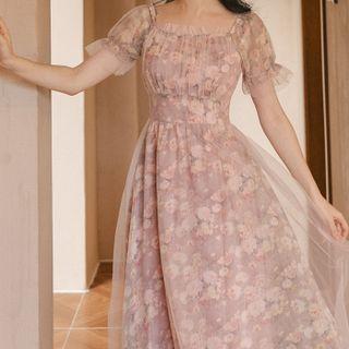 Puff-sleeve Floral Print Mesh Overlay Midi A-line Dress