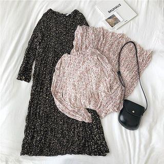 Long-sleeve Floral Print Shirred Midi Chiffon Dress