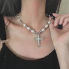 Cross Rhinestone Pendant Faux Pearl Alloy Choker Faux Pearl & Cross - Silver - One Size
