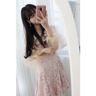 Petite Size Tulle-sleeve Lace Mini Cocktail Dress