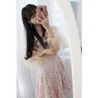 Petite Size Tulle-sleeve Lace Mini Cocktail Dress