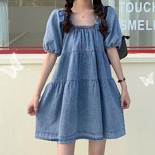 Short-sleeve Tiered Washed Denim Mini Smock Dress