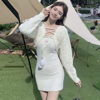 Spaghetti Strap Mini Bodycon Dress / Tie-strap Cropped Cardigan