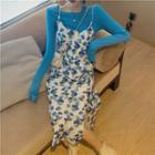 Long-sleeve Plain Tee / Asymmetric Spaghetti-strap Floral Dress