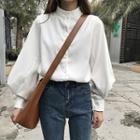 Plain Single-breasted Mock-neck Puff-sleeve Top
