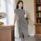 Short-sleeve Twisted Slit Midi A-line Dress