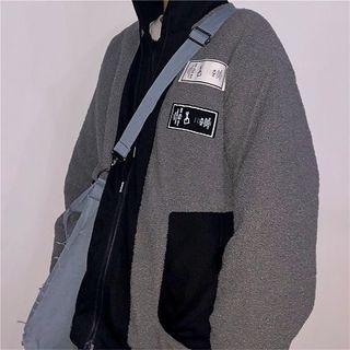 Lettering Color Panel Hooded Fleece Zip Jacket Gray - One Size